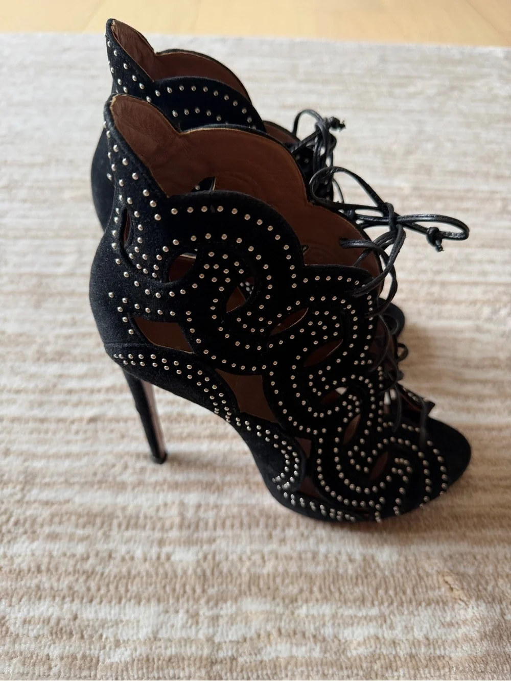 ALAIA Black Studded Lace-Up Peep Toe Boots. Size 38